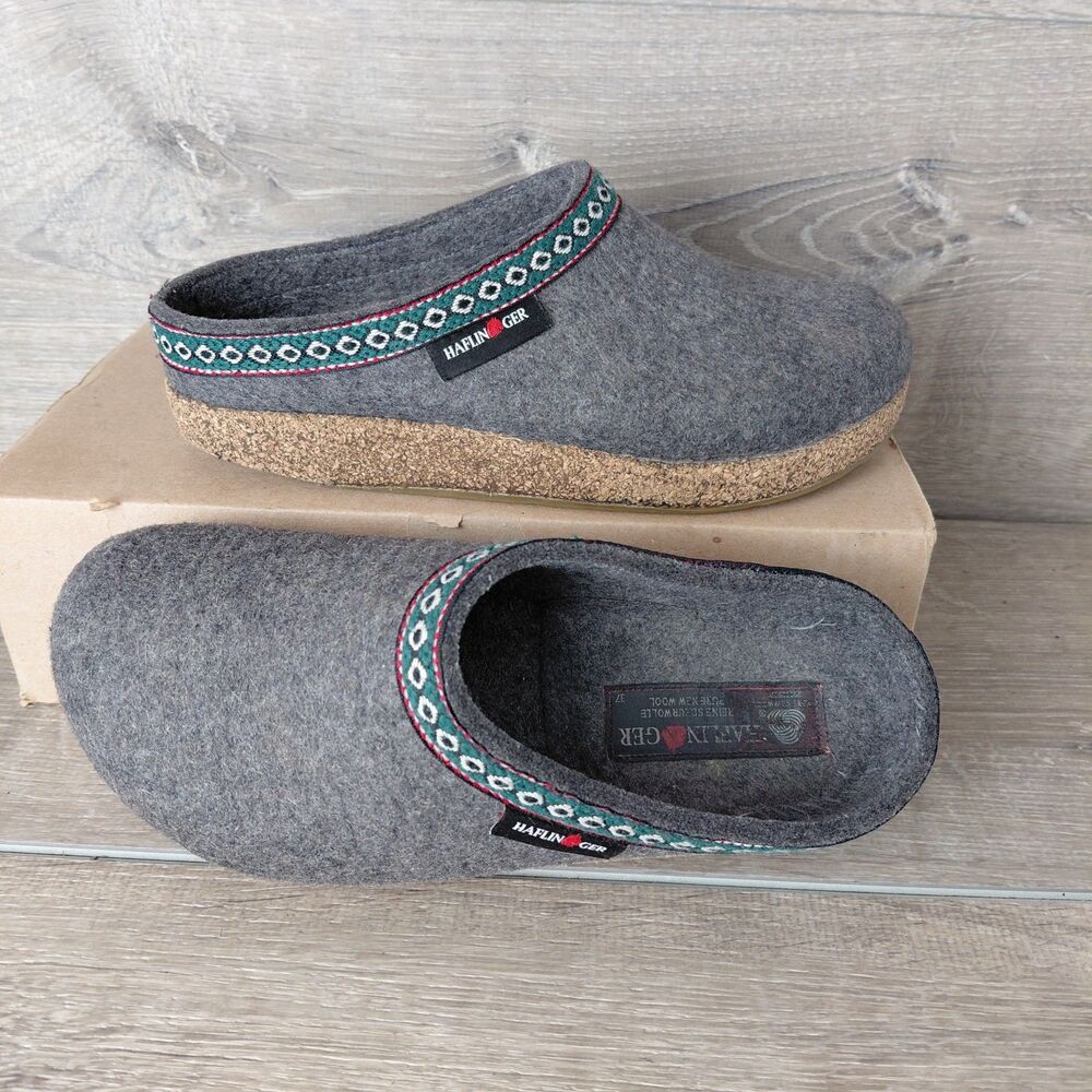 Haflinger Grizzly Clogs Mules Women US 6 EU 37 Gray Green Wool Slip On Slippers